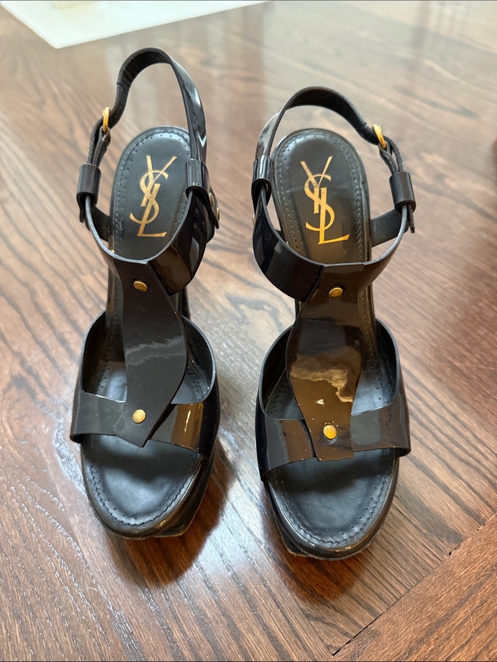 Saint Laurent Navy Patent Leather T-Strap Platform Sandals with Gold Accents